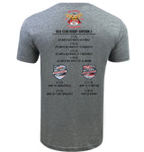 The back of the WRS LAT Atlanta Old White RFC 2025 National Champions T-Shirt is gray and features "National Club Rugby Champions," 2025 match scores, event logos, and Atlanta Old White RFC at the top.