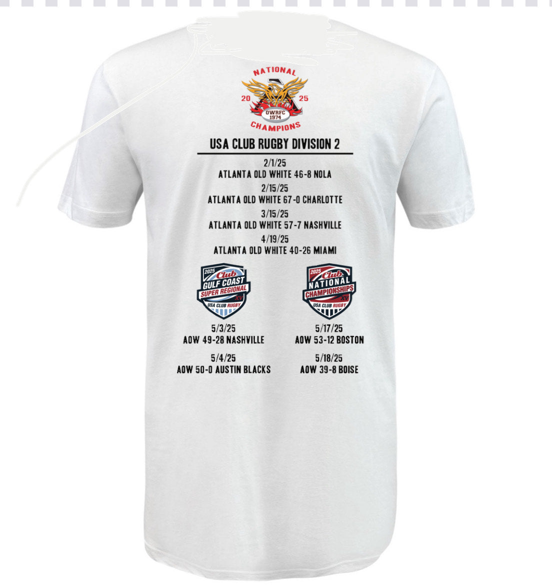 Back of the WRS LAT Atlanta Old White RFC 2025 National Champions T-Shirt shows the USA Club Rugby Division 2 schedule with team logos and match dates.