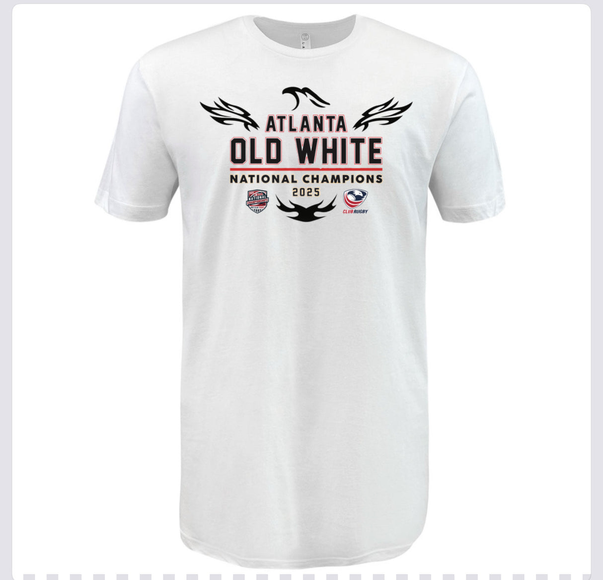 WRS LAT Atlanta Old White RFC 2025 National Champions T-Shirt with bold front graphics and two logos.