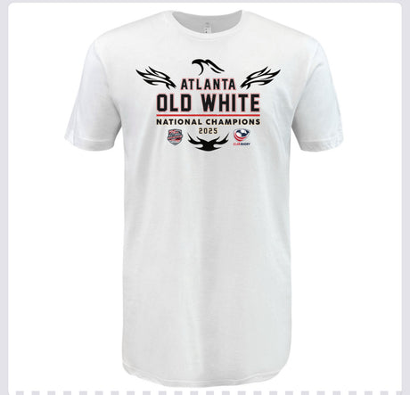 WRS LAT Atlanta Old White RFC 2025 National Champions T-Shirt with bold front graphics and two logos.