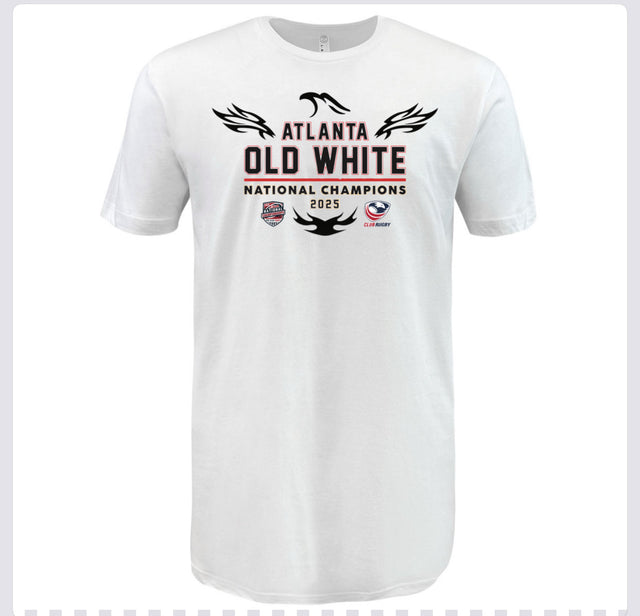 WRS LAT Atlanta Old White RFC 2025 National Champions T-Shirt with bold front graphics and two logos.