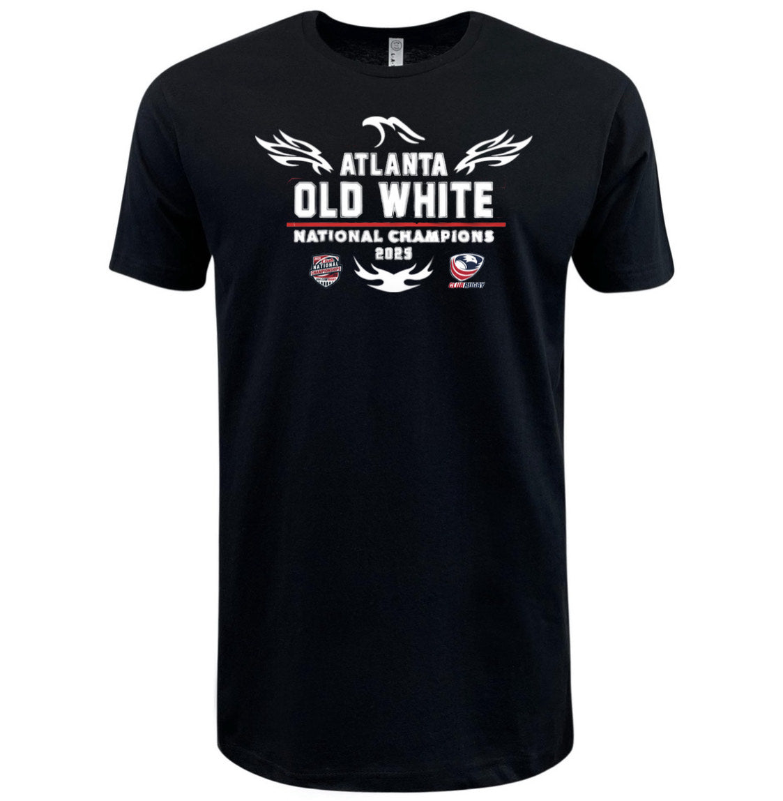 Show your team pride in the WRS LAT Atlanta Old White RFC 2025 National Champions T-Shirt, featuring bold white and red text with striking graphics above and below. Perfect for celebrating your champions!.