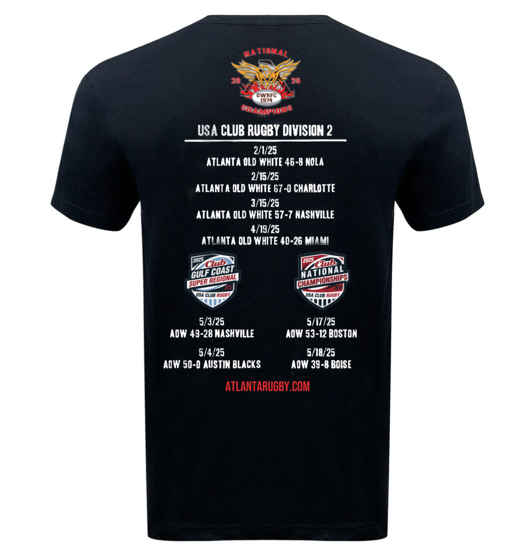 The WRS LAT Atlanta Old White RFC 2025 National Champions T-Shirt is a black tee with the Division 2 schedule—dates, opponents, and locations—printed in bold white and red on the back, ideal for dedicated fans.