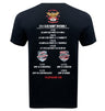 The WRS LAT Atlanta Old White RFC 2025 National Champions T-Shirt is a black tee with the Division 2 schedule—dates, opponents, and locations—printed in bold white and red on the back, ideal for dedicated fans.