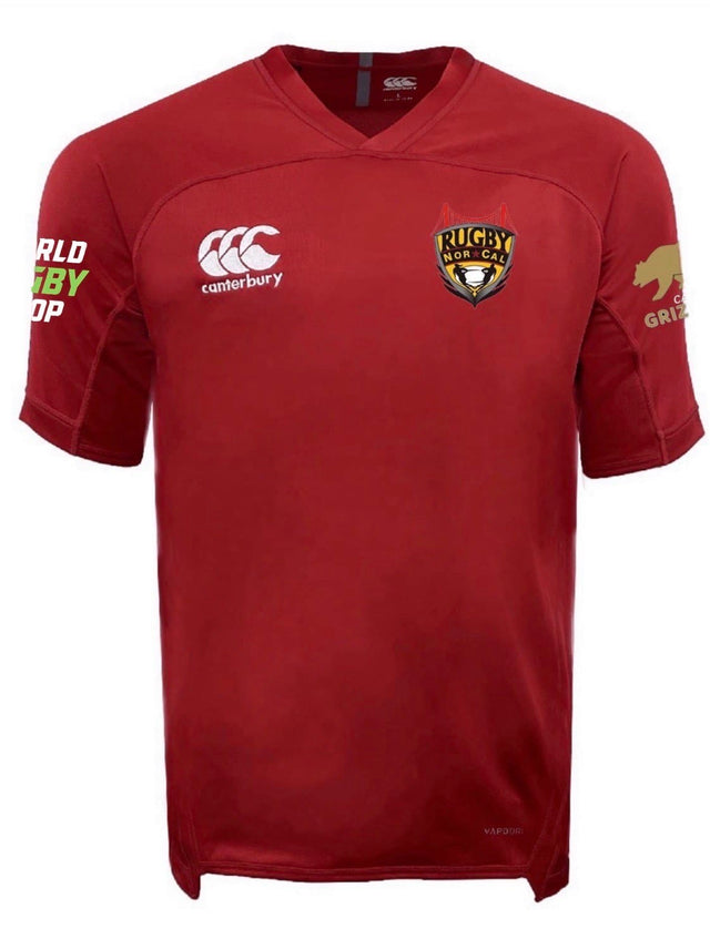 The NorCal Bay Area Middle School All-Stars Evader Jersey by EMB Canterbury features a red design with the “Rugby Nor-Cal” logo plus sponsor logos—ideal for fans wanting an authentic Canterbury rugby jersey.