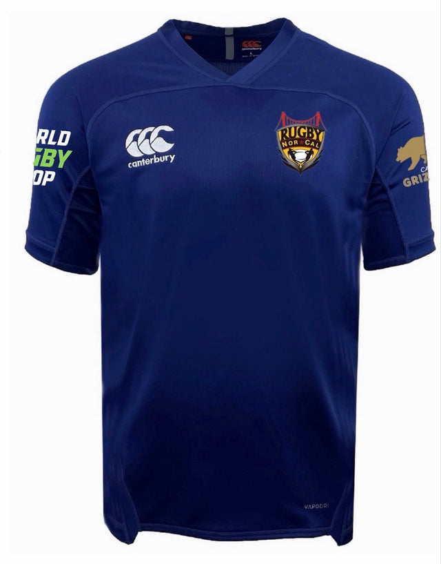 The NorCal Sacramento Middle School All-Stars Evader Jersey by EMB Canterbury features short sleeves, sponsor logos, moisture-wicking fabric, and the "Rugby Nor Cal" logo—a perfect pick for Rugby World Cup fans.