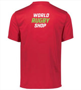 Back view of the red NorCal Bay Area Flag Rugby Momentum Tee by WRS Augusta, showcasing "WORLD RUGBY SHOP" in white and green lettering on the upper back—ideal for NorCal Rugby Club supporters.