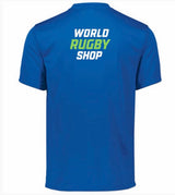 The NorCal Sacramento Flag Rugby Momentum Tee by WRS Augusta is a blue short-sleeve shirt with "WORLD RUGBY SHOP" printed on the upper back. Made from moisture-wicking fabric for all-day comfort.