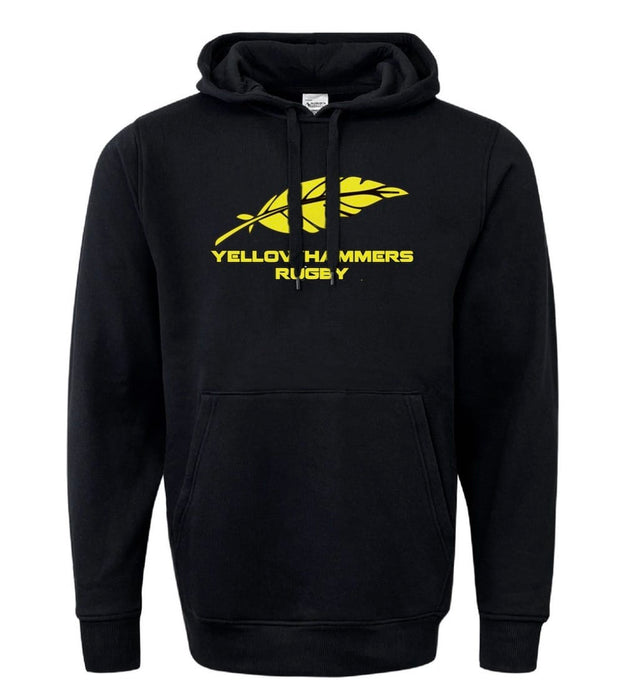 The Montgomery Yellowhammers 60/40 Fleece Hoodie by WRS Augusta features a yellow feather graphic and "YELLOW HAMMERS RUGBY" text—an athletic sweatshirt ideal for fan wear and showing team pride.