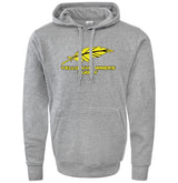 The Montgomery Yellowhammers 60/40 Fleece Hoodie by WRS Augusta is a gray athletic sweatshirt with a yellow feather graphic and "YELLOWHAMMERS RUGBY" in yellow and black—ideal custom fan wear.
