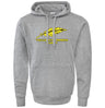 The Montgomery Yellowhammers 60/40 Fleece Hoodie by WRS Augusta is a gray athletic sweatshirt with a yellow feather graphic and "YELLOWHAMMERS RUGBY" in yellow and black—ideal custom fan wear.
