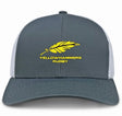 The Montgomery Yellowhammers Trucker Cap by EMB S&S Activewear is a gray and white retro cap with a yellow feather and bold "YELLOWHAMMERS RUGBY" lettering on the front, featuring a snapback closure for adjustable fit.
