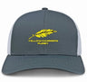 The Montgomery Yellowhammers Trucker Cap by EMB S&S Activewear is a gray and white retro cap with a yellow feather and bold "YELLOWHAMMERS RUGBY" lettering on the front, featuring a snapback closure for adjustable fit.
