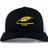 The Montgomery Yellowhammers Trucker Cap by EMB S&S Activewear features a black-and-white retro design, a yellow feather, "YELLOWHAMMERS RUGBY" embroidery on the front, and an adjustable snapback closure.