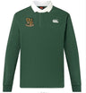 The Exiles Rugby Football Club Solid Dye Rugby Jersey by EMB Canterbury features a green long-sleeve design, white collar, embroidered club crest on the left chest, and a white Canterbury logo on the right chest.