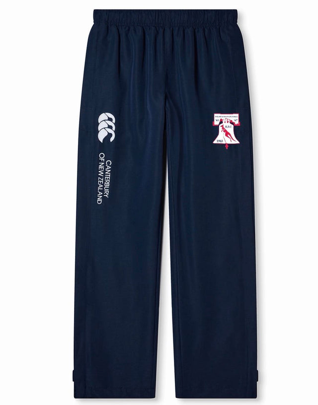 The Philly Whitemarsh Open Hem Stadium Pant by EMB Canterbury features an elastic waistband and white/red club logos on the left thigh—ideal stadium pants for rugby fans.