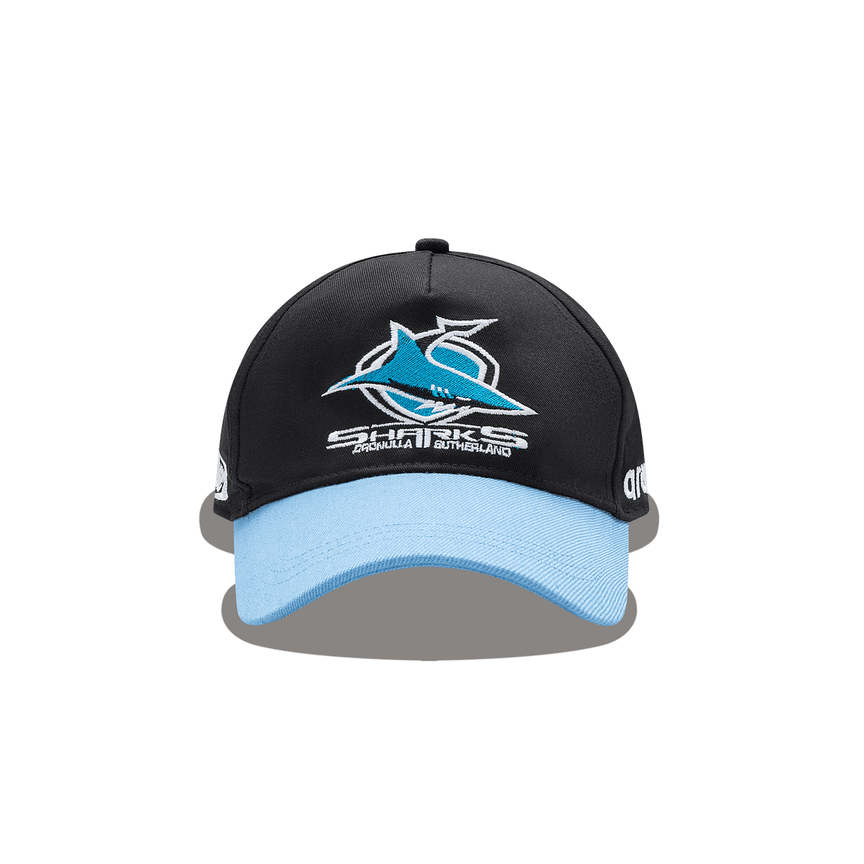 Classic Sportswear's Sharks NRL 25/26 Media Cap in black with a blue brim features an embroidered "Sharks" and stylized shark logo on the front, showcasing sporty sophistication.