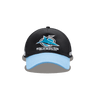 Classic Sportswear's Sharks NRL 25/26 Media Cap in black with a blue brim features an embroidered "Sharks" and stylized shark logo on the front, showcasing sporty sophistication.