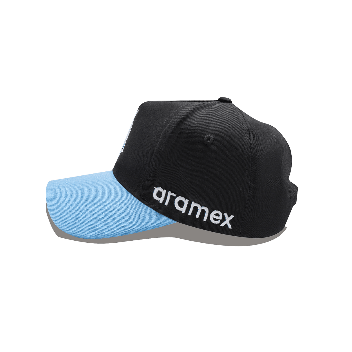 The Sharks NRL 25/26 Media Cap by Classic Sportswear is a black and blue baseball cap featuring the "aramex" logo, ideal for any Cronulla-Sutherland Sharks fan.