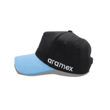 The Sharks NRL 25/26 Media Cap by Classic Sportswear is a black and blue baseball cap featuring the "aramex" logo, ideal for any Cronulla-Sutherland Sharks fan.