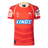 The Dolphins NRL 25/26 Replica Home Jersey by Classic Sportswear showcases a red and orange design with the iconic "KINGS" logo, a striking dolphin graphic, and white sponsor names on the sleeves, proudly embodying the Dolphins NRL spirit.