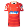 The Dolphins NRL 25/26 Replica Home Jersey by Classic Sportswear showcases a red and orange design with the iconic "KINGS" logo, a striking dolphin graphic, and white sponsor names on the sleeves, proudly embodying the Dolphins NRL spirit.