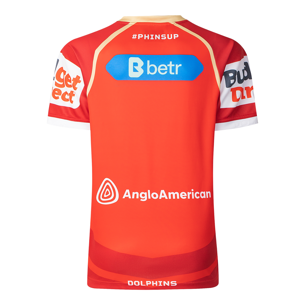 The back of the vibrant red Dolphins NRL 25/26 Replica Home Jersey by Classic Sportswear showcases "#PHINSUP" and sponsor logos from Anglo American, Budget Direct, and Betr. It features "DOLPHINS" at the bottom and is a fan favorite.