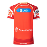 The back of the vibrant red Dolphins NRL 25/26 Replica Home Jersey by Classic Sportswear showcases "#PHINSUP" and sponsor logos from Anglo American, Budget Direct, and Betr. It features "DOLPHINS" at the bottom and is a fan favorite.