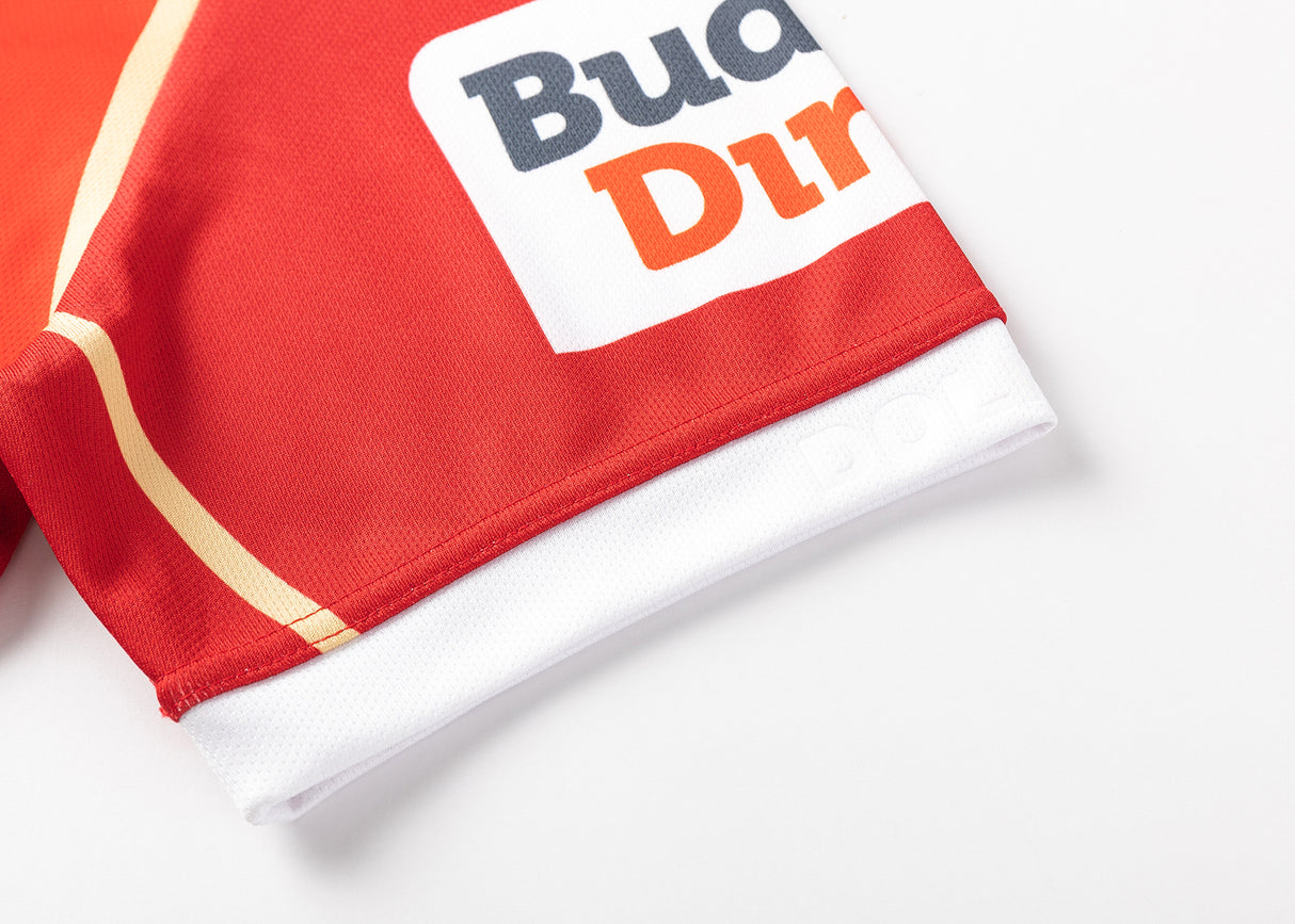 A red and white Dolphins NRL 25/26 Replica Home Jersey by Classic Sportswear, featuring logos and partial text like "Bud" and "Dir", is ideal for any Dolphins NRL fan.