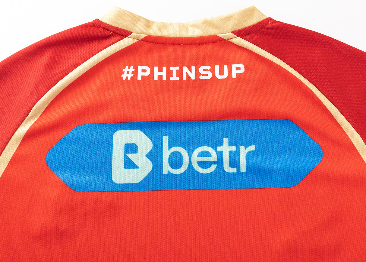 The red Dolphins NRL 25/26 Replica Home Jersey by Classic Sportswear features "PHINSUP" on the back with a white "betr" logo. A must-have for fans!.