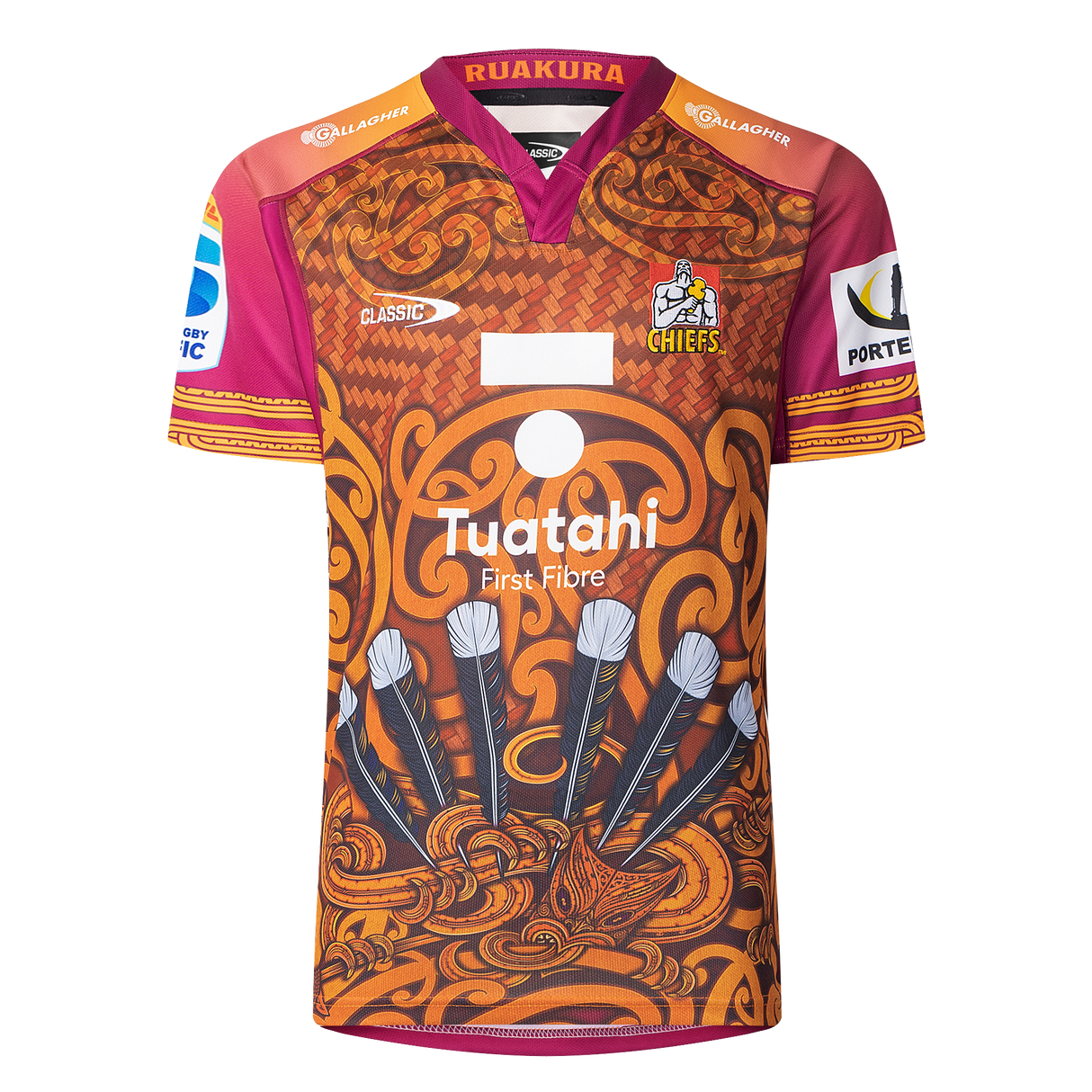 The Gallagher Chiefs Super Rugby Replica Training Jersey 25/26 by Classic Sportswear features brown and orange patterns, a "Chiefs" logo, sponsor logos, stylized feathers, and tribal designs—ideal for fans who love tradition and style.