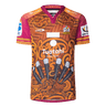 The Gallagher Chiefs Super Rugby Replica Training Jersey 25/26 by Classic Sportswear features brown and orange patterns, a "Chiefs" logo, sponsor logos, stylized feathers, and tribal designs—ideal for fans who love tradition and style.