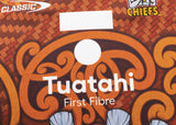 Close-up of the Gallagher Chiefs Super Rugby Replica Training Jersey 25/26 by Classic Sportswear featuring intricate orange and brown patterns with "Tuatahi First Fibre" and logos, "Classic" and "Gallagher Chiefs," in the corners.