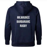 The Milwaukee Barbarians Rugby Club Hoodie by WRS Canterbury features “MILWAUKEE BARBARIANS RUGBY” in white on the back—a perfect custom hoodie for fans and players.