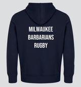The Milwaukee Barbarians Rugby Club Lightweight Hoodie by WRS Canterbury features bold "MILWAUKEE BARBARIANS RUGBY" print on the back. This navy polyester hoodie is perfect for rugby fans and Canterbury Club supporters.