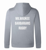 The Milwaukee Barbarians Rugby Club Lightweight Hoodie by WRS Canterbury features "MILWAUKEE BARBARIANS RUGBY" in bold white capitals on the back—a classic polyester hoodie ideal for rugby fans.