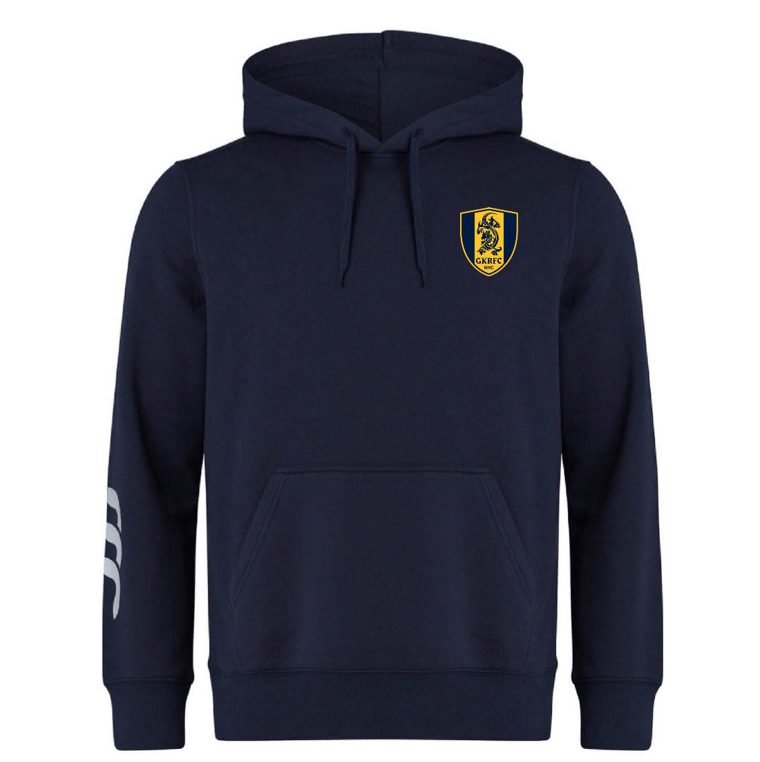 The EMB Canterbury Gotham Knights Embroidered Club Hoodie features a navy blue design, yellow and black club crest on the left chest, hood, and a white stripe on the right sleeve.