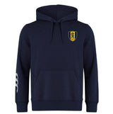 The EMB Canterbury Gotham Knights Embroidered Club Hoodie features a navy blue design, yellow and black club crest on the left chest, hood, and a white stripe on the right sleeve.