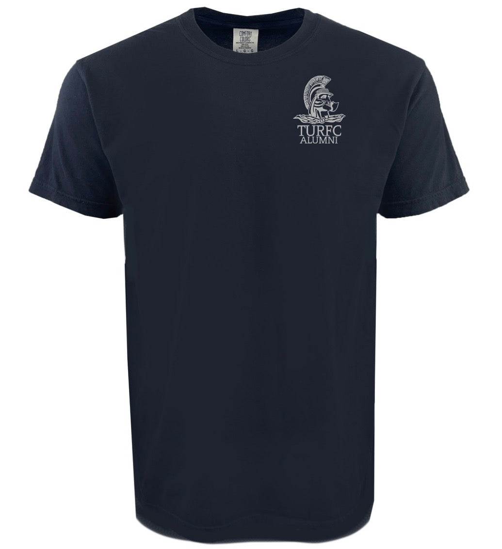 The Troy Rugby Alumni Heavyweight Comfort T-Shirt by EMB S&S Activewear is navy blue, crafted from premium USA cotton, and features a white Trojan helmet with "TURRC ALUMNI" on the left chest—ideal for proud alumni.