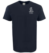 The Troy Rugby Alumni Heavyweight Comfort T-Shirt by EMB S&S Activewear is navy blue, crafted from premium USA cotton, and features a white Trojan helmet with "TURRC ALUMNI" on the left chest—ideal for proud alumni.