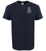 The Troy Rugby Alumni Heavyweight Comfort T-Shirt by EMB S&S Activewear is navy blue, crafted from premium USA cotton, and features a white Trojan helmet with "TURRC ALUMNI" on the left chest—ideal for proud alumni.