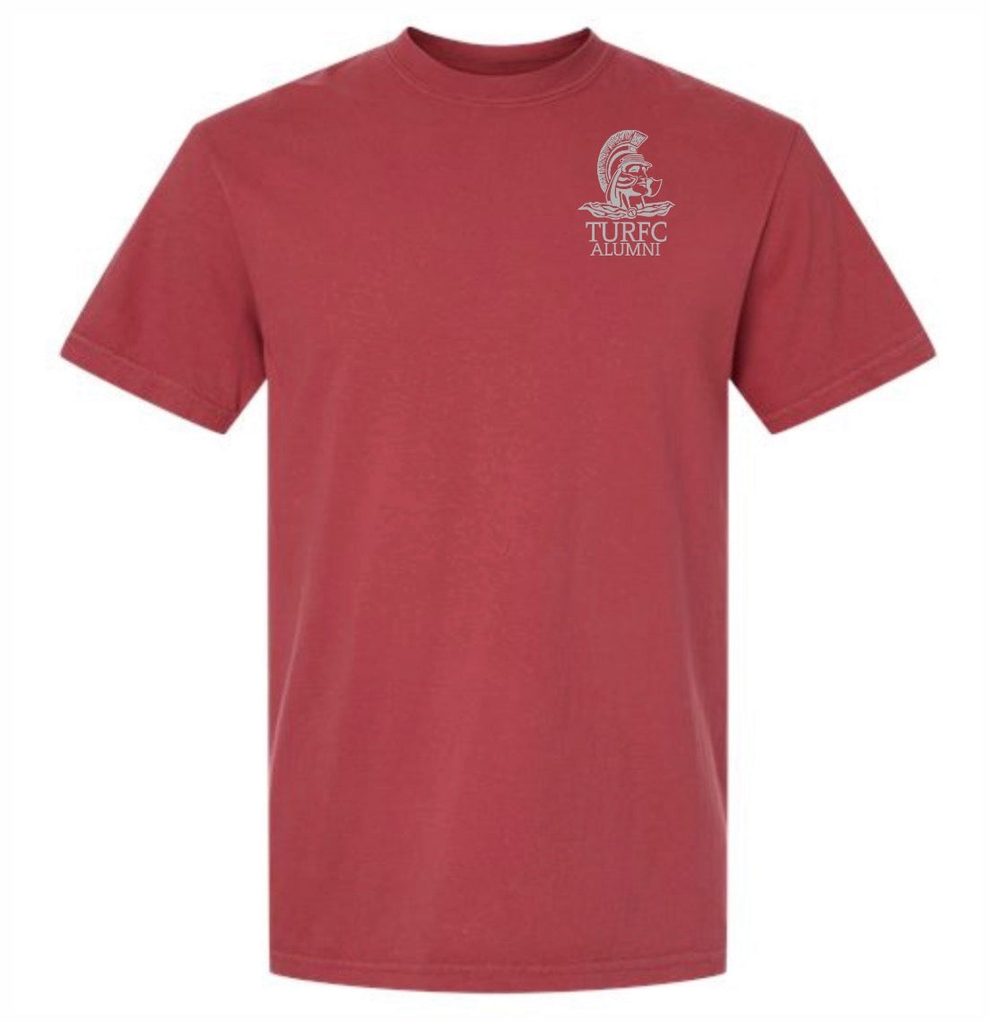 The Troy Rugby Alumni Heavyweight Comfort T-Shirt by EMB S&S Activewear is a heavyweight maroon cotton tee with a small white "TURFC ALUMNI" graphic on the left chest—ideal for Troy Rugby Alumni.