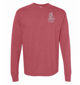 The EMB S&S Activewear Troy Rugby Alumni Heavyweight Comfort Long-Sleeve T-Shirt in red features garment-dyed cotton and a small white "TURFC Alumni" Spartan helmet logo on the chest—ideal for Troy Rugby Alumni.