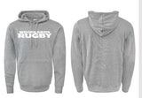Front and back view of the WRS Augusta Woodlands Youth Text Logo Hoodie in grey with "WOODLANDS RUGBY" printed in white on the front and a roomy pocket—ideal fan gear for showing team spirit.