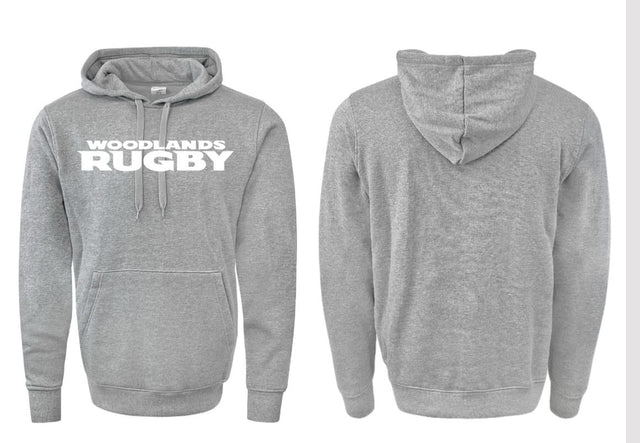 Front and back view of the WRS Augusta Woodlands Youth Text Logo Hoodie in grey with "WOODLANDS RUGBY" printed in white on the front and a roomy pocket—ideal fan gear for showing team spirit.