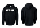 Front and back view of a black WRS Augusta Woodlands Youth Text Logo Hoodie with "Woodlands Rugby" printed in white on the front—ideal fan gear for supporters.