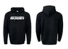 Front and back view of a black WRS Augusta Woodlands Youth Text Logo Hoodie with "Woodlands Rugby" printed in white on the front—ideal fan gear for supporters.