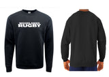 Front and back view of the Woodlands Youth Text Logo Crewneck by WRS Augusta, a custom black sweatshirt featuring "WOODLANDS RUGBY" printed in bold white letters on the front.
