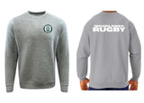 Front and back view of the WRS Augusta Woodlands Youth Paw Print Pocket Logo Crewneck in gray, featuring a small paw print logo on the chest and "WOODLANDS RUGBY" in large white letters across the back.