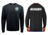 The WRS Augusta Woodlands Youth Paw Print Pocket Logo Crewneck is a black fleece sweatshirt with a circular paw print logo on the front left chest and “WOODLANDS RUGBY” printed in white across the back.
